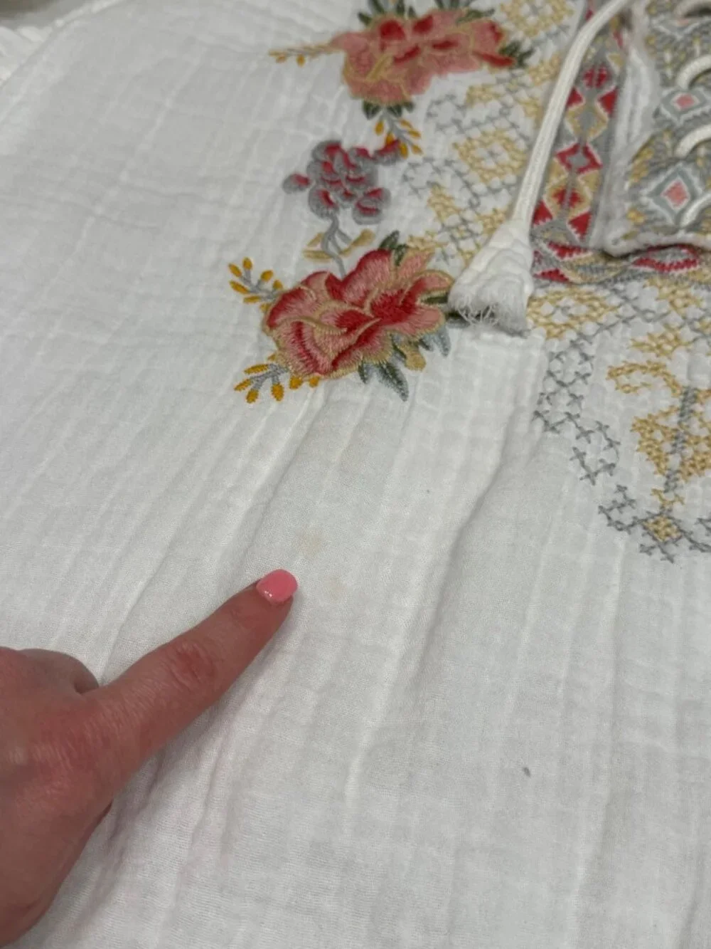 Johnny Was White Embroidered Gauze Blouse XL Boho Peasant Long Sleeve Cotton Top - Picture 10 of 10